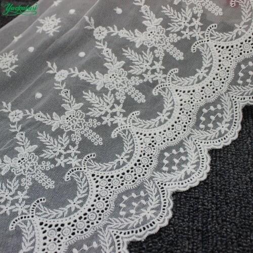YACKALASI 2 Yds Cotton Embroidered Lace Fabrics Soft Tulle Sewing Lace Flower Skirt Apparel Trims Scalloped Appliqued 25CM