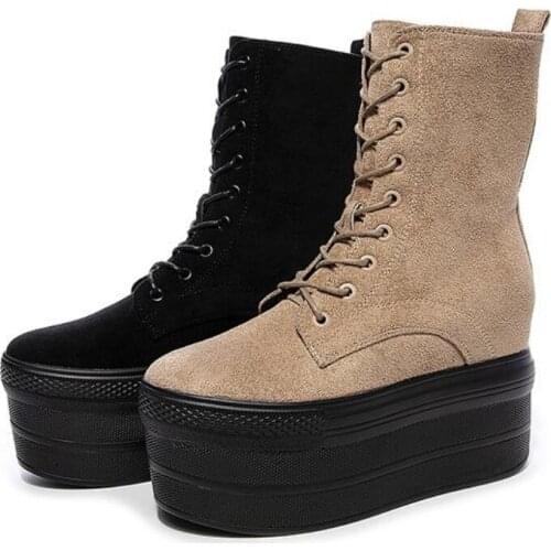 Suede Leather Winter Boots High Top Boots Genuine Height Increased Super High Heel Platform Women Casual Shoes Wedge Heel
