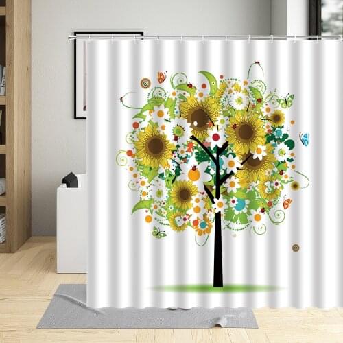Cartoons Sunflower Tree Shower Curtain Water Colors Scenery Creative Forest Printing Bathroom Decor Cloth Curtains With Hooks