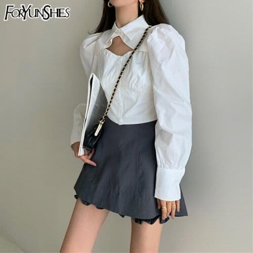 Women Puff Long Sleeve Blouse Vintage Sexy Cut Out Shirt+High Waist Mini Shorts Skirt Outfits 2021 Summer Elegant Office Clothes