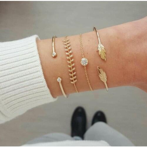 HuaTang Arrow Moon Leaf Round Crystal Gold Bangles for Women Boho Adjustable Charm Bracelet Bangle Set Party Jewelry Pulseira