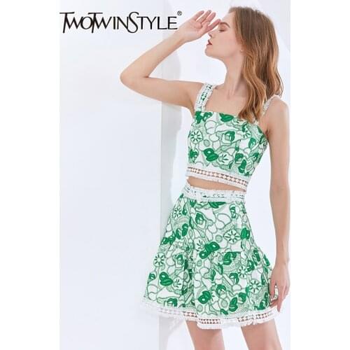 TWOTWINSTYLE Print Two Piece Set For Women Square Collar Sleeveless Tops High Waist Lace A Line Skirts Sexy Sets Female 2021 New