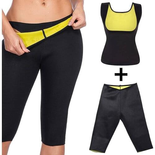 Women Neoprene Body Shaper Sweat Sauna Suit Waist Trainer Tank Top + Slimming Pant Corset Shapewear for Weight Loss Fitness