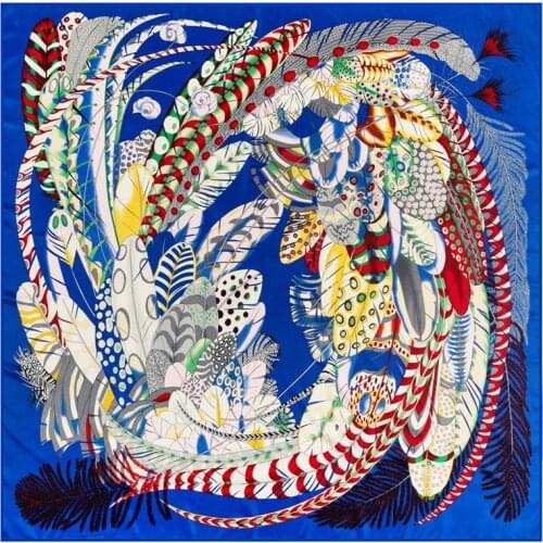 2021 Women Oversized Scarf 130*130cm Twill Silk Scarf Feather Print Square Shawl Large Wrap Neckerchief Luxury Scarves