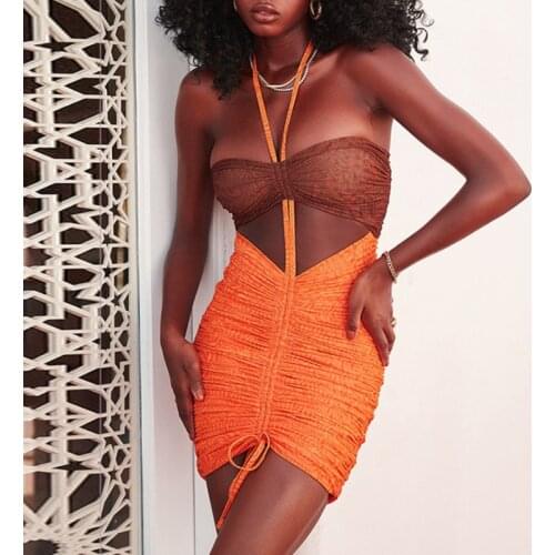 Townlike 2021 Summer Mini Patchwork Print Dress Women Drawstring Pleated Bodycon Bandage Dress Halter Sexy Party Dresses