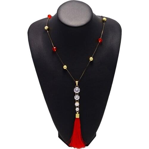 SENHUA Female Zircon Pendant Necklace Sweater chain Necklaces Womens jewelry Fashion Red Tassel Long Chain Necklaces XL16