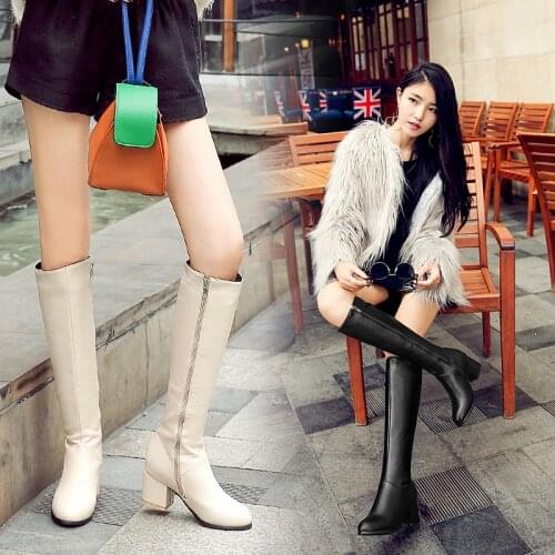 2021 Fashion Knee High Boots Women Pu Leather Thick High Heels Long Boots Autumn Winter Zip Female Shoes Size 32-43 botas mujer