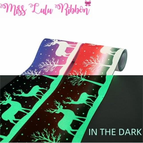3"75mm White Ink Printing Glow in the Dark Christmas Cartoon Snow Gradient Color Printed Grosgrain Ribbon DIY 50yards/roll