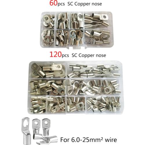 60 / 120pcs bare copper cable lug kit bolt hole tinned cable lug battery terminal copper nose wire connector with sheath