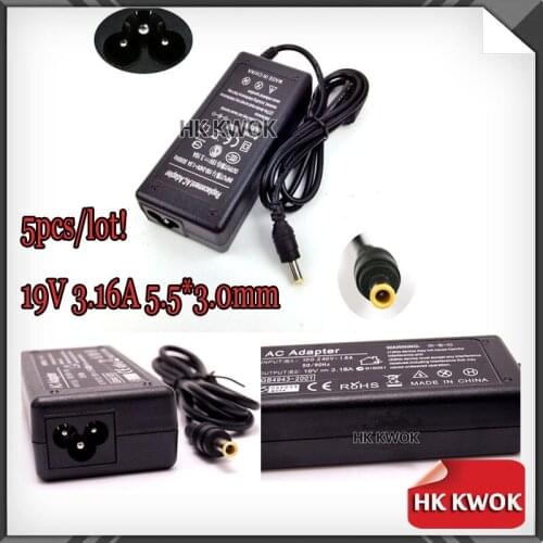 Free Shipping 5pcs 19V 3.16A 5.5*3.0mm AC Power Adapter For samsung r560 r528 r530 P460 P530 Q430 R430 R440 R480 R510 R522 R540