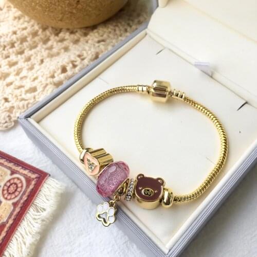 Top Quality Fine Soft Snake Bone Bracelet Pink Glazed Opal Cute Bear Beads Charm Bracelet For Women
