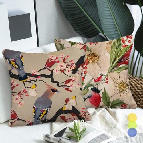 Pastoral Flowers Bird Sofa Pattern Throw Pillow Cover Single Side Printing Couch Cushion Cover Fauxlinen Pillowcase Home Decor