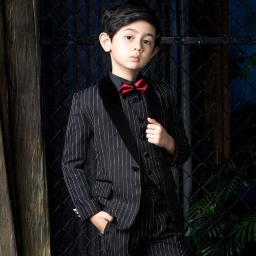 Black strips child Prom Suits Boy Clothing Set Blazers + Pants+Vest+Shirt+Tie 5 Parts Wedding Flower Dress Kid Gentle Costume