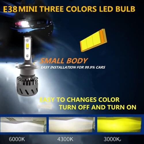 DLAND OWN E38 MINI THREE COLORS 4000LM H1 H3 H7 9006 HB4 9005 HB3 H11 H10 AUTO SMART TRI COLOR LED LIGHT BULB LAMP, 12V 24V 36W
