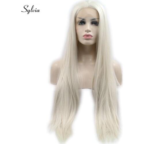 Sylvia Long Silky Straight Blonde Wigs Synthetic Lace Front Wigs 60#White Blonde Hair Heat Resistant Long Hair Wigs For Women