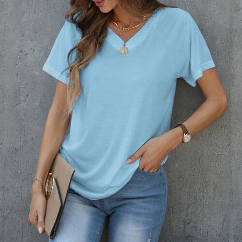 Elegant Loose T-shirt Womens Fashion Summer V-neck Short-sleeved Solid Color Top T-shirt Summer Leisure Pullover Loose Футболка