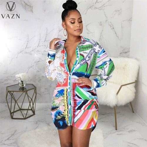 VAZN 2021 Fashion Hot Sale Women Street Casual Style Short Dresses Long Sleeve Lapel Dresses Printed Shirt Short Mini Dresses
