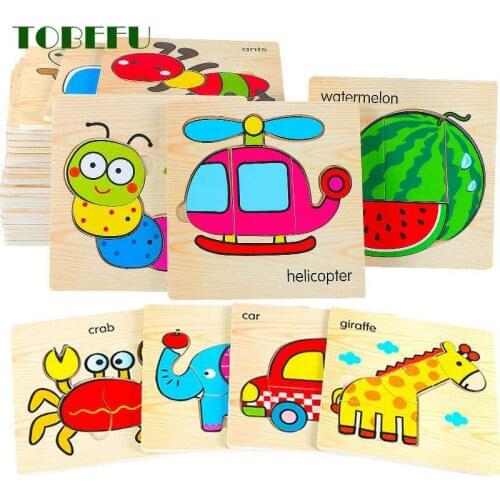 Intelligence Kids Toy Wooden 3D Puzzle Jigsaw Tangram for Children Baby Cartoon Animal/Traffic Puzzles Educational Learning Toys