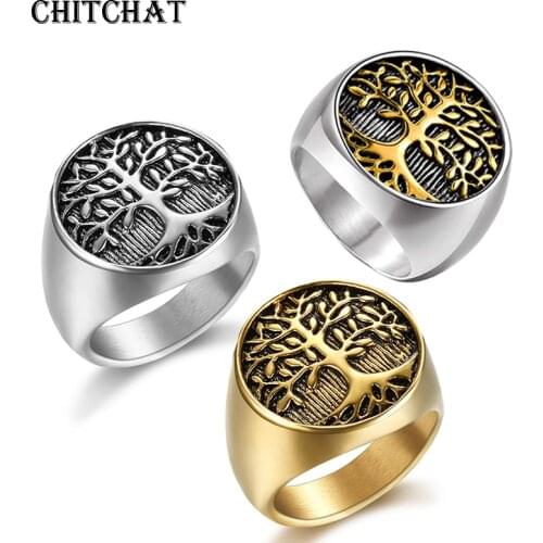 Punk Stainless Steel Titanium Tree Of Life Ring Gold Color Life Tree Rings For Men Ring Jewelry Bague Homme
