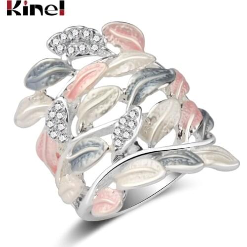 Kinel Luxury Crystal Flower Enamel Rings For Women Multi-layer Leaves Silver Color Vintage Wedding Ring Jewelry Wholesale Gift
