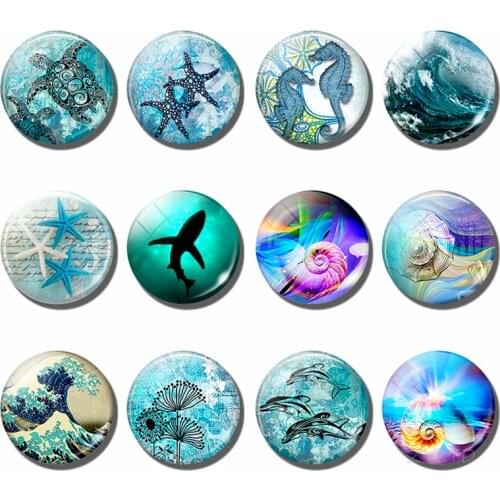 Ocean Sea Turtle Fridge Magnet Glass Cabochon Refrigerator Magnets Starfish Seahorse Conch Wave Fridge Sticker Animal Home Decor