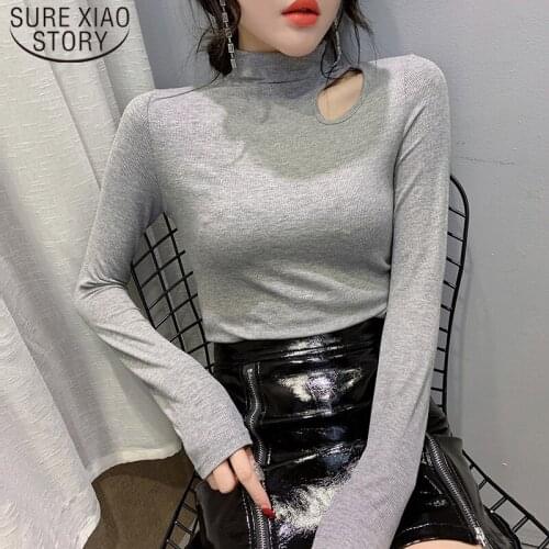 Fashion Turtleneck Long Sleeve Shirt Women Sexy Autumn Women Tops Solid Hollow Out Slim Tops Elegant Cotton Shirt 7303 50