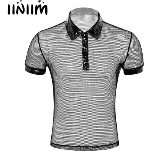 Iiniim Mens See Through Sheer Fishnet Turn-down Collar Short Sleeves Hollow Out T-Shirt Muscle Tops Clubwear Moto Party Costumes