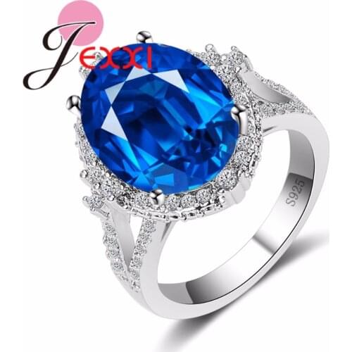 New Tide Geometric Ring Big Blue Clear CZ Crystal Jewelry Ring High-End 925 Sterling Silver Bijoux for Women Best Gift