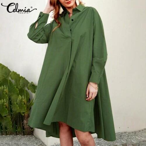 Celmia 2021 Autumn Vintage Shirt Dress Women Long Sleeve Lapel Casual Loose Midi Dresses Female Fashion Party Vestidos Robe