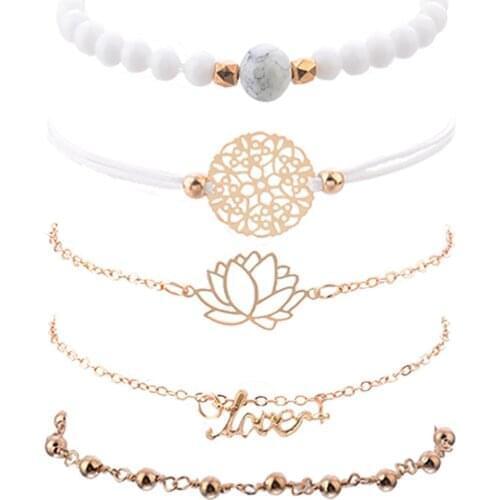 Alphabet Pendant With White Bead String And Cyan Bead 5 Piece Bracelet Bangles Bracelets for women Clothing accessories