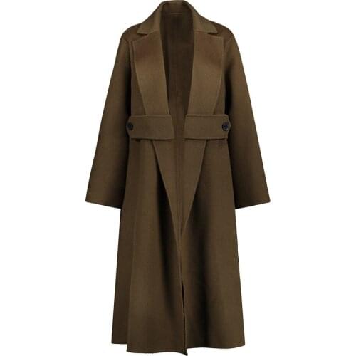 Simple Winter New Classic Celebrity Style Double Faced Woolen Cashmere Coat Womens Red Waist Temperament Solid Loose Overcoat