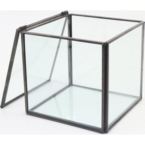 Retro Square Glass Jewelry Box Copper Frame European Decoration Geometry Glass Flower House Crafts Jewelry Storage Box