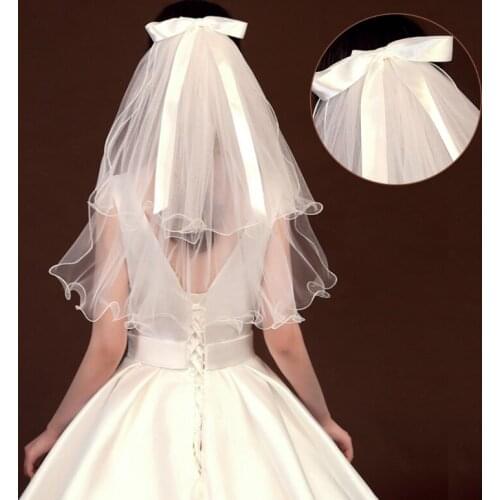 Wedding Bridal Veil with Comb Short Bridal Tulle Veils Wedding Hair Accessories for Bride 2 Tier with Bow Ribbon 2 Sizes