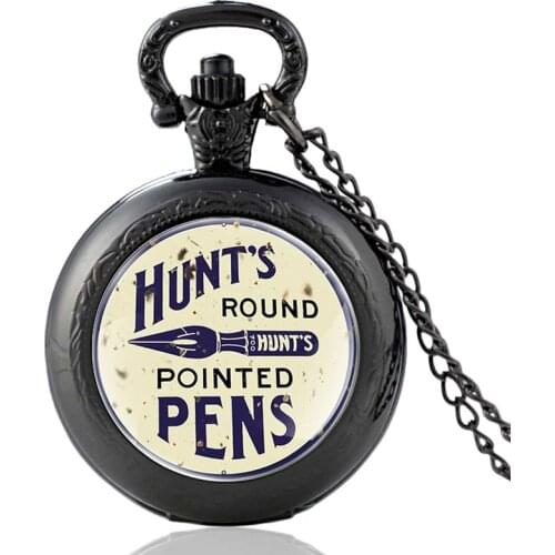 Unique Hunts Round Pointed Pens Design Black Vintage Quartz Pocket Watch Men Women Glass Dome Pendant Necklace Hours Clock Gifts