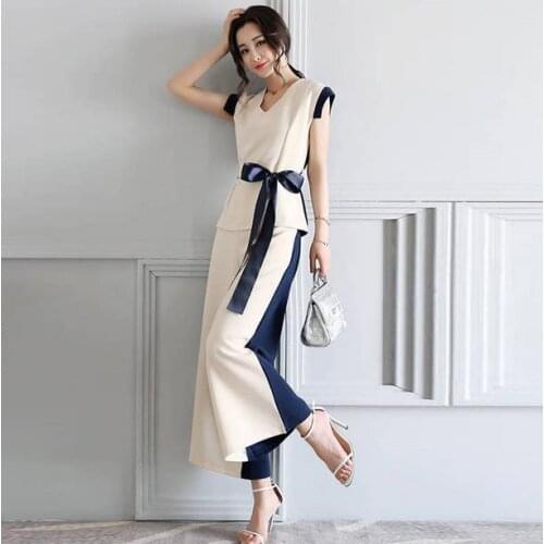 Elegant Work Fashion Two Piece Set Bow V-neck Women Blouse + Zipper Wide Led Pants 2019 Summer Office Lady Suits AE839