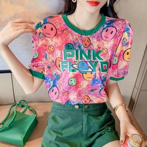 Womens T Shirt Color Printing Short Sleeve T-shirt Summer 2021 Ladies Casual Loose Cotton Top Blusas Mujer De Moda Verano