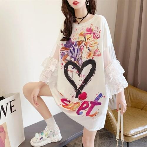 Womens T-shirt Mid-length Short Sleeve Summer 2021 Graffiti Lace Stitching Top Chiffon Shirt Oversized T-shirt Womens Top