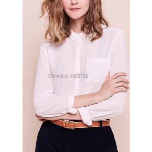 Silk 100% White/Black/Green Solid Color Long Sleeve Shirt Top - 2019 Spring Summer Women Simple Blouse Shirt