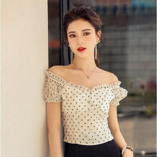 2021 Summer Slash Neck Short Sleeve Casual Top Female French Wood Ears Puff Sleeves Short Polka Dot Chiffon Shirt Womens Blouse