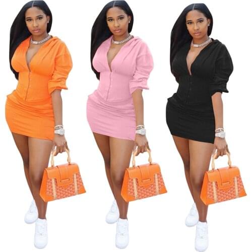 Women Skirts 2 Piece Outfits Sexy V Neck Long Sleeve Button Hooded Top + Pockets Mini Skirt Dress Set Casual Strwwtwear Matching