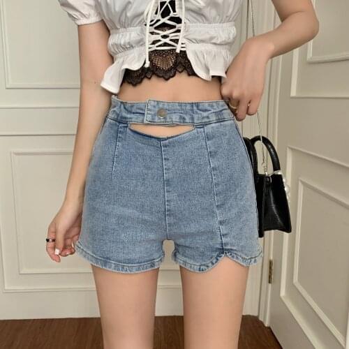 New Summer Women High Waist Button Slim Jeans Shorts Casual Female Slim Fit Blue Denim Hole Shorts
