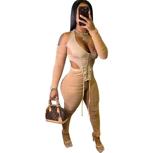Sexy Off Shoulder Ruched Two Piece Set Women O Neck Zipper Bandage Crop Top + Sheer Mesh Pants Club Party 2 Piece Set Outfits