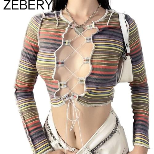 ZEBERY Contrast Stripe knitting Woman Fall Streetwear Chic Hollow Out Strappy Harajuku Crop Top Skinny Soft Clother 2020 Tshirt