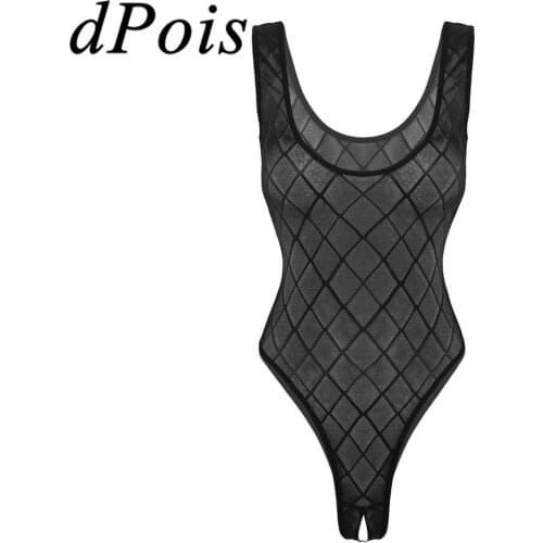 Womens One-piece Sexy Crotchless See Through Sheer Mesh Lingerie Deep U Neck Sleeveless High Cut Thong Bodysuit Femme Nightwear