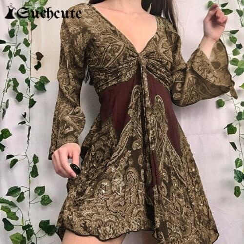 SUCHCUTE Paisley Printed Women Retro V Neck Dress Long Sleeve Irregular Vintage Aesthetic Elegant Dresses Lady Fashion Grunge
