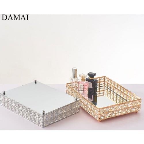 Gold Inlay Crystal Glass Trays Decorative European Modern Metal Cosmetic Skin Care Products Storage Tray Home Fruit Snack Plates