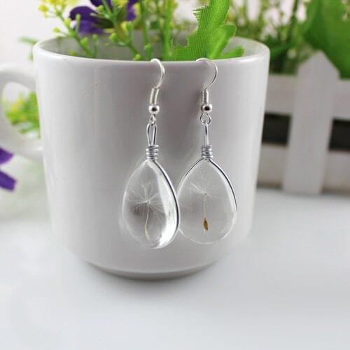 2pair 25X18MM Glass Tear Drop Dandelion Seeds earrings,Real Dandelion Seeds Handblown Glass