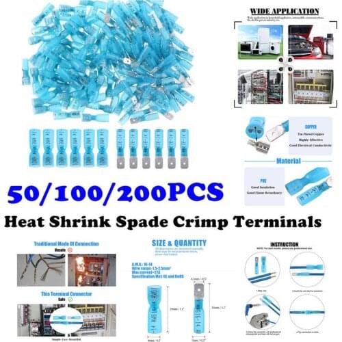 200/100/50PCS Male/Female Blue Spade Seal Heat Electrical Shrink Quick Disconnect Wire Terminals Connectors Kit Assortment
