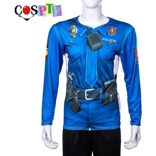 Cospty Halloween Carnival Party Adult 3D Printed Policia Top Cosplay Costume Design Mens Long Sleeve T-shirts Police Uniform