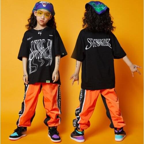 Hip Hop Kids Street Dance Clothing Black Short Sleeve Tops Orange Pants Loose HipHop Suit Summer Girls Jazz Costumes Wear BL5806